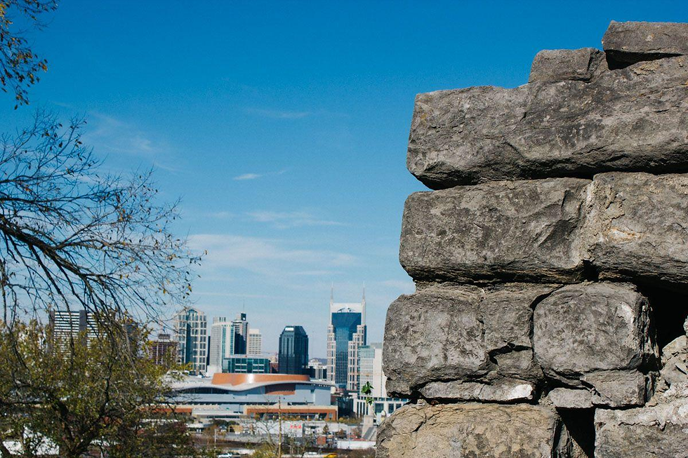 Stone wall in foreground with city skyline and blue sky in background. Tree branches on the left. Urban and natural contrast.