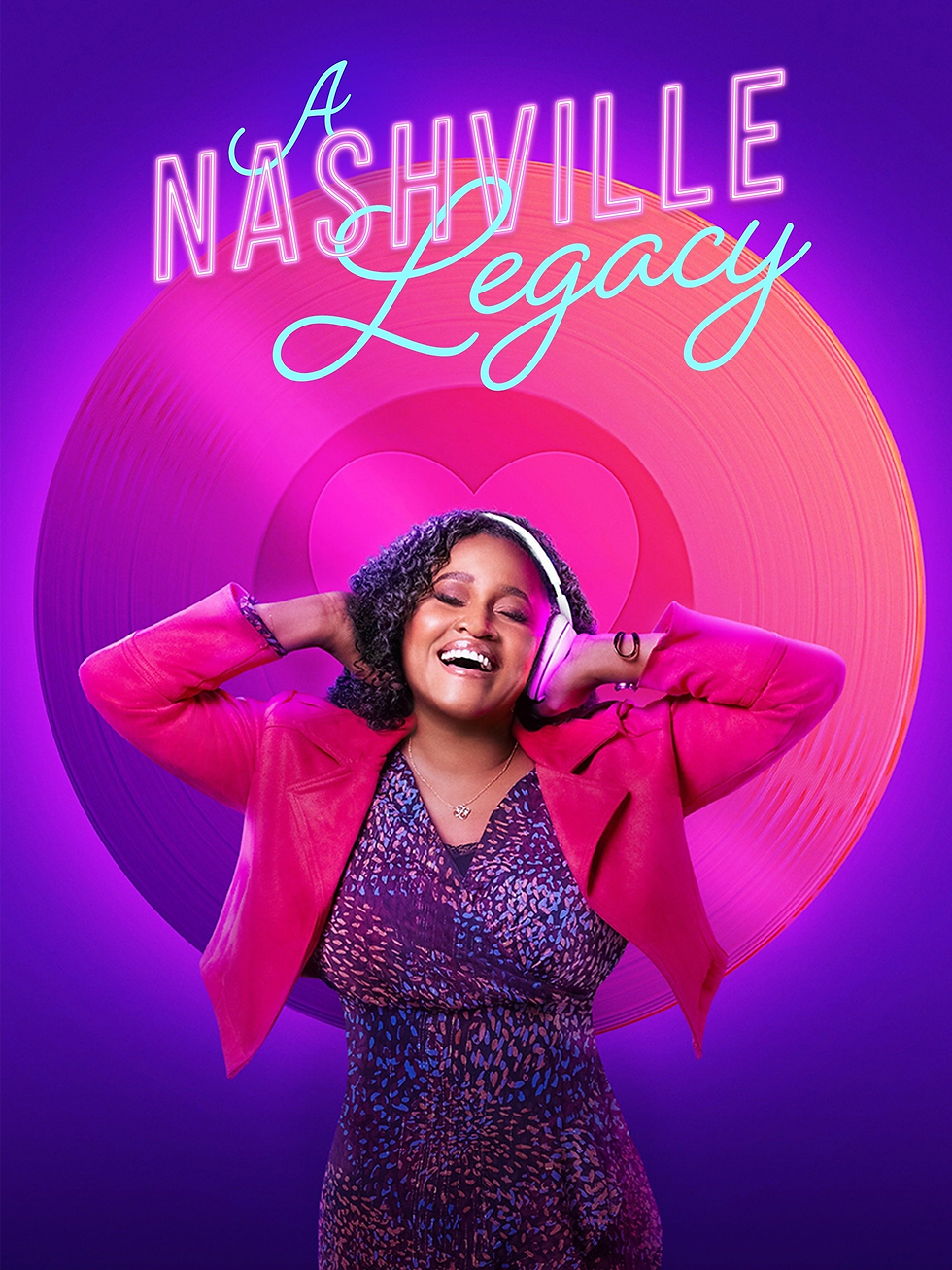 Smiling woman in pink jacket listens to headphones against vibrant purple background. "A Nashville Legacy" text above a large vinyl record.