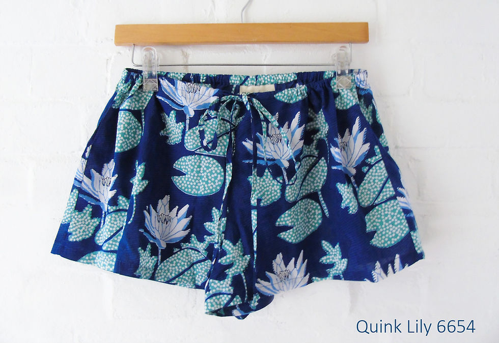 Thumbnail: ethical fashion, cotton womens boxer shorts hand printed in India by Anokhi for Chandni Chowk accacia fairtrade gift