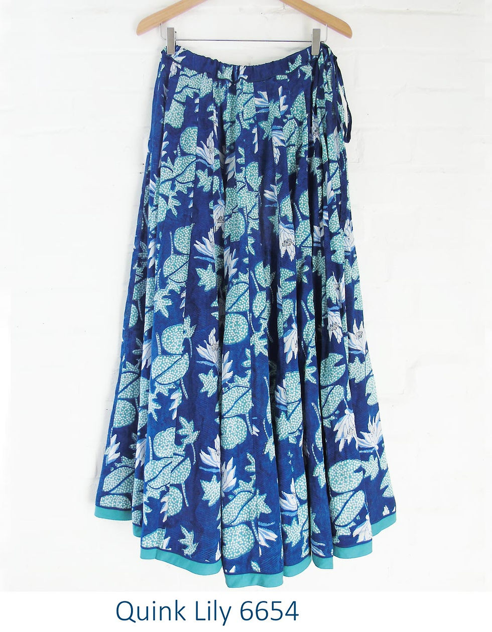 Thumbnail: Full cotton skirt drwastring waist hand block printed ethical fairtrade fashion clothing India Anokhi Chandni Chowk beautiful