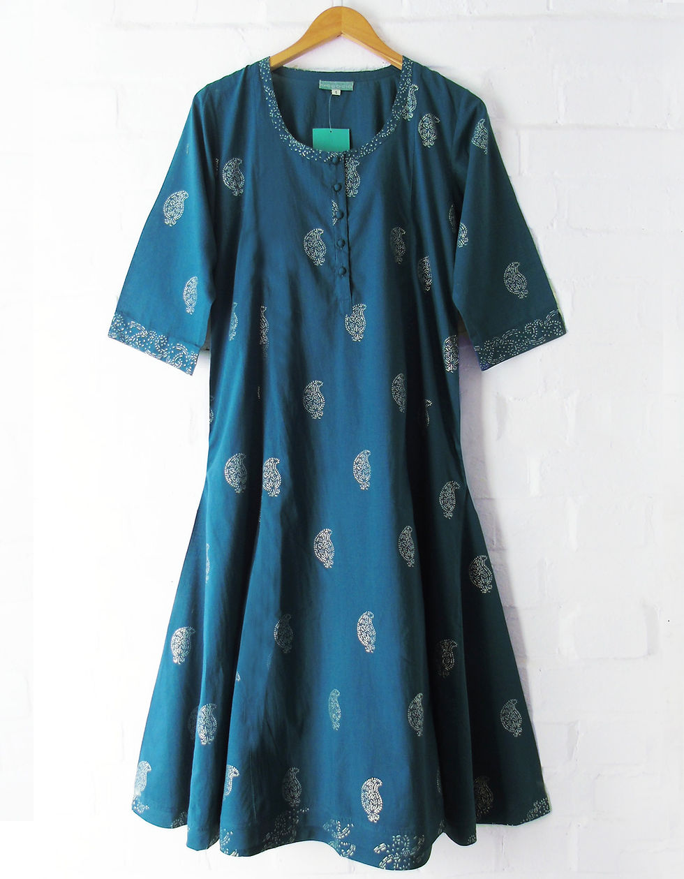 Thumbnail: Cotton dress hand wood block printed ethical fashion fairtrade womens wear indigo dyes Anokhi