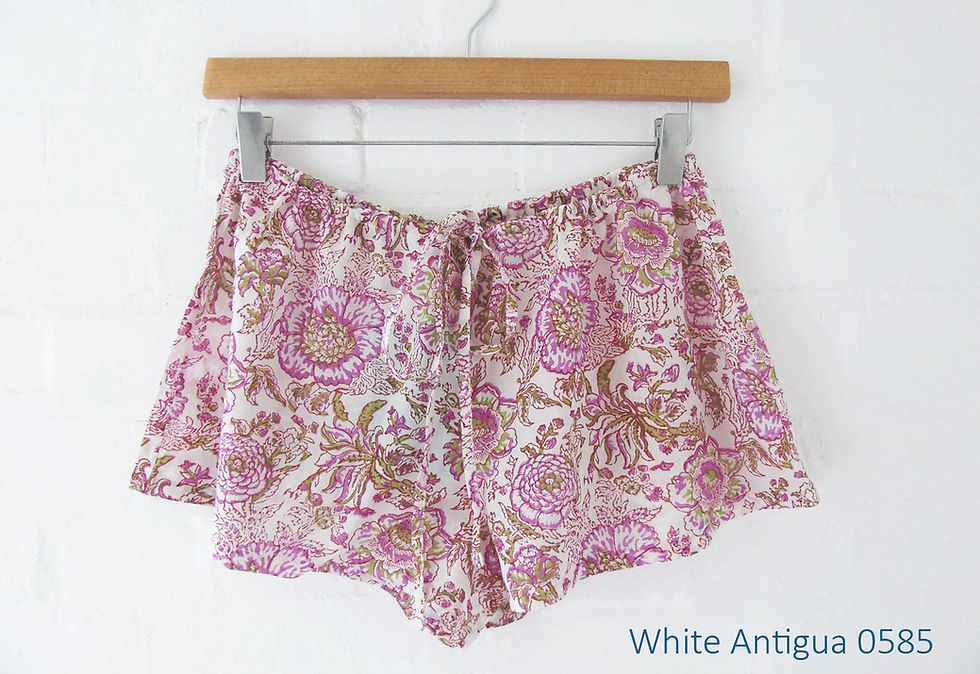 Thumbnail: ethical fashion, cotton womens boxer shorts hand printed in India by Anokhi for Chandni Chowk accacia fairtrade gift