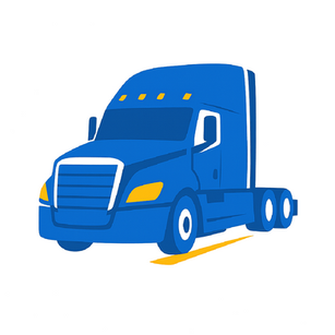 Blue semi-truck with yellow highlights, representing transportation and trucking services.