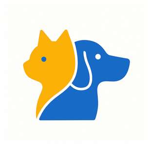 Half yellow cat and half blue dog silhouettes joined, symbolizing pet care services for cats and dogs.