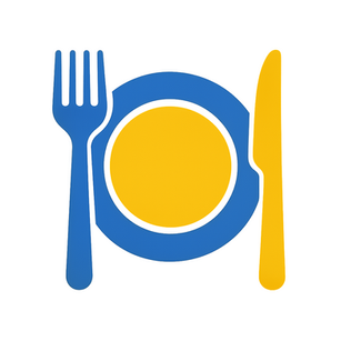 Blue plate with yellow center, fork on the left and knife on the right, symbolizing dining services.