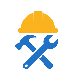 Yellow construction helmet above blue hammer and wrench, symbolizing building and repair industries.