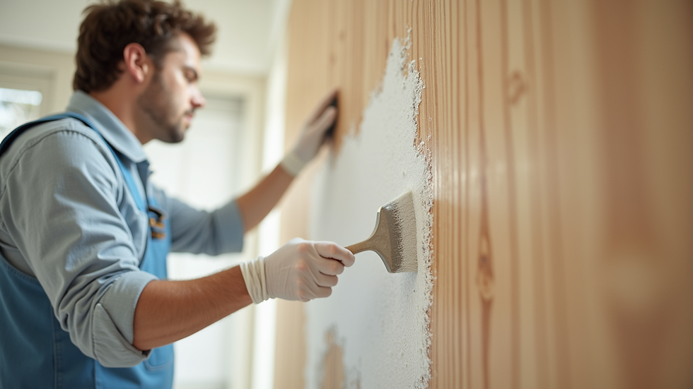 Eye-level view of painter applying primer on a wooden wall