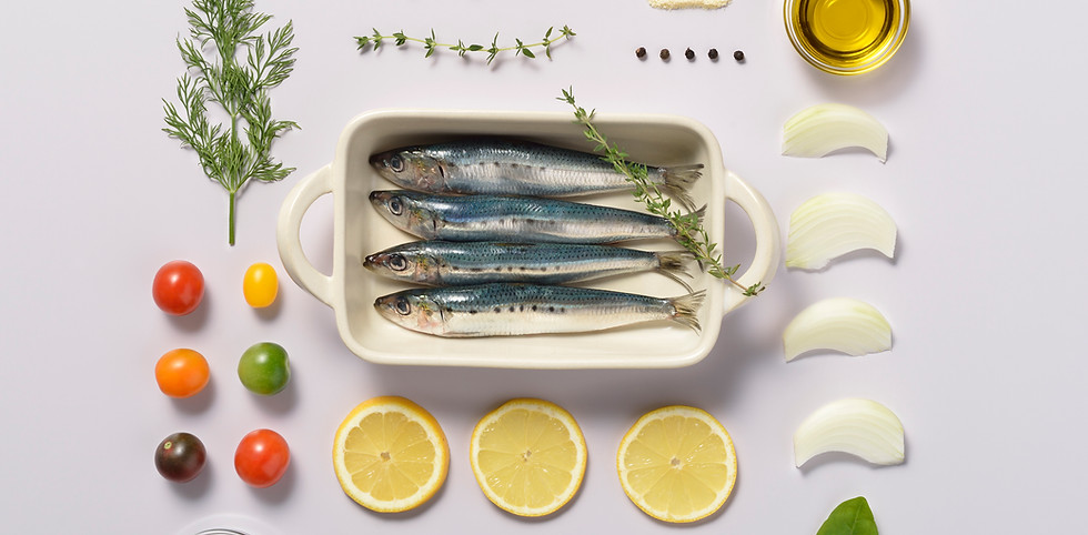 Knolling de pescado y hierbas