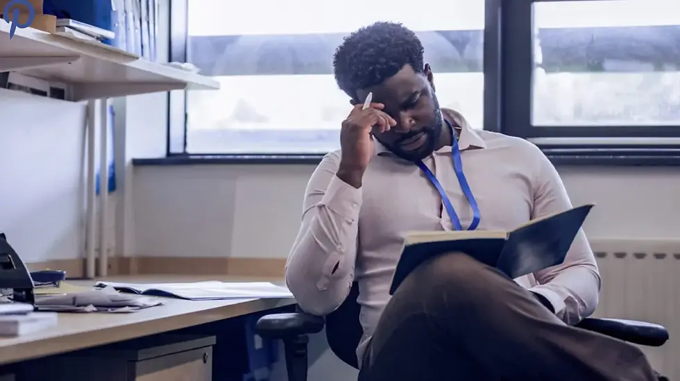 Man in office, wearing lanyard, sits with hand on head, reading a book. Desk with papers and shelves in background. Mood appears thoughtful.
