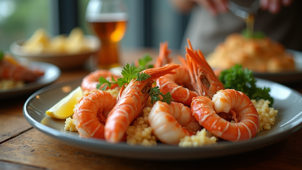 Eye-level view of a colorful seafood platter