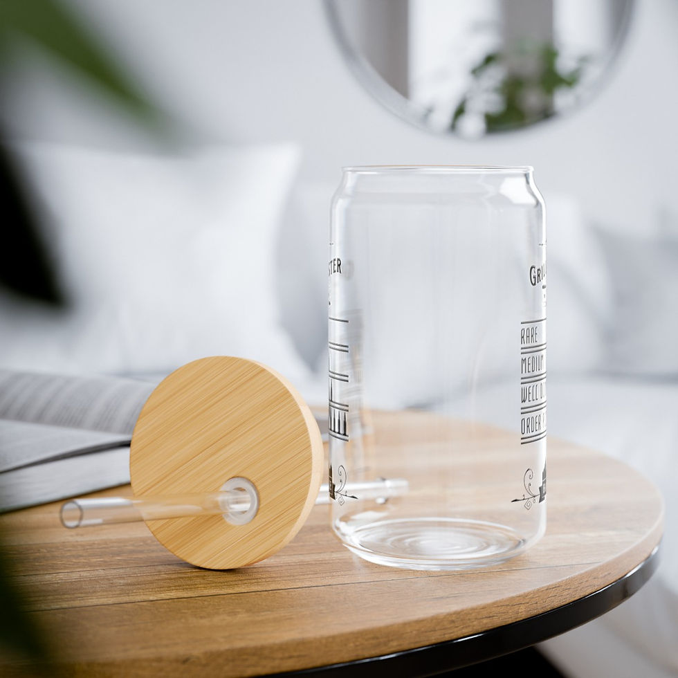 Thumbnail: Grill Master Timer Glass Can on a table next to the bamboo lid and Tritan straw.