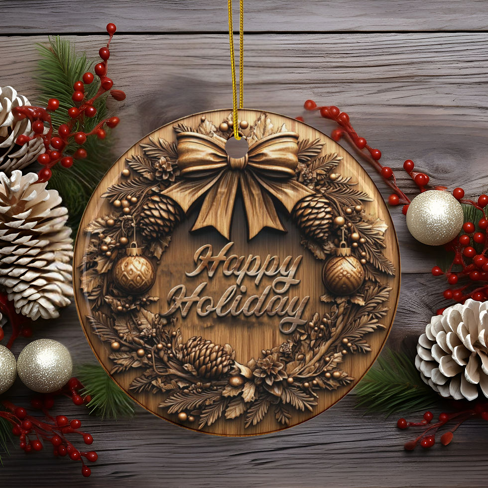 Thumbnail: Ceramic Wreath Ornaments Wood-Like Look 2-Sided Design Christmas Gift Tree Decor
