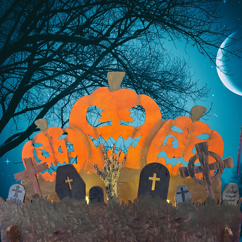Thumbnail: Halloween Tealight Holder, Scary Pumpkins, Tombstones, Zombie Hand shown in a night time background