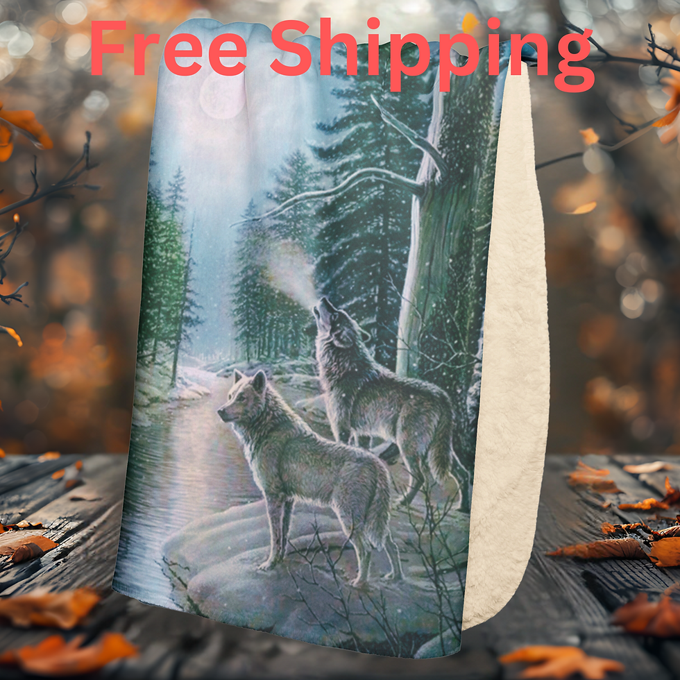 Winter Wolves Fleece Throw, Sherpa Blanket, Forest Moon Howling Animal Bedding, Cabin Decor, Holiday Gift, Two Wolves river