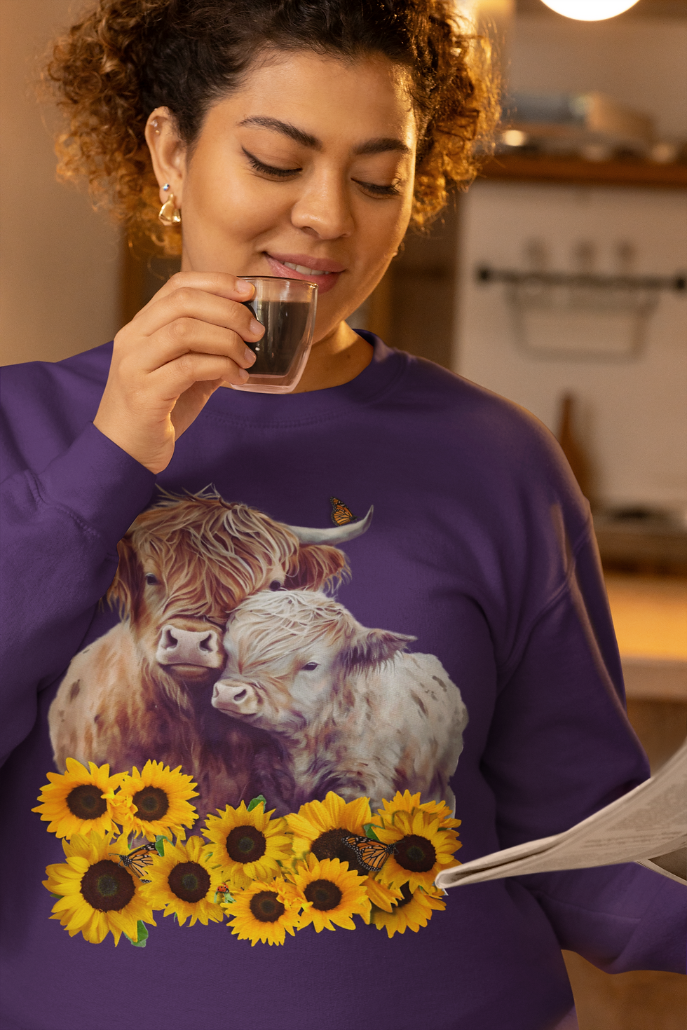 Thumbnail: Highland Cow and Baby Sunflowers Butterfly Sweatshirt