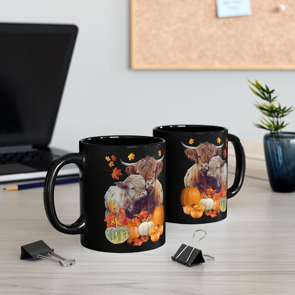 Thumbnail: 11oz Mug - Fall Vibes Highland Cows and Pumpkins Black Mug