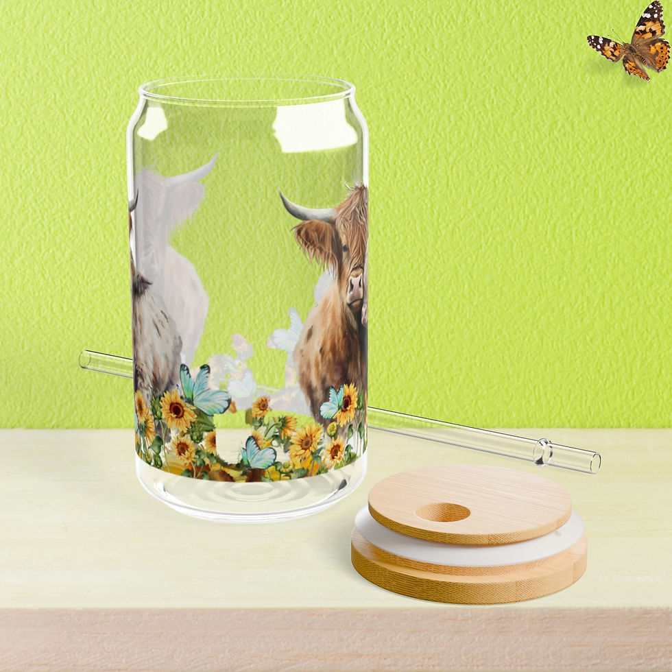 Thumbnail: Rustic Highland Cow & Sunflowers Sipper Glass on display with the bamboo lid and Tritan straw next to it.