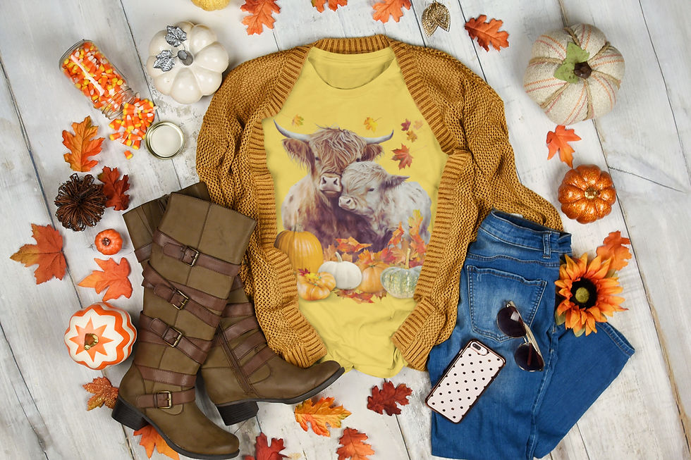 Thumbnail: Highland Cows, Pumpkins and Autumn Leaves T-Shirt