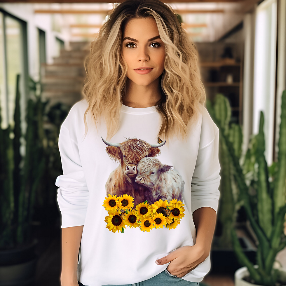 Thumbnail: White Highland Cow and Baby Sunflowers Butterfly Sweatshirt