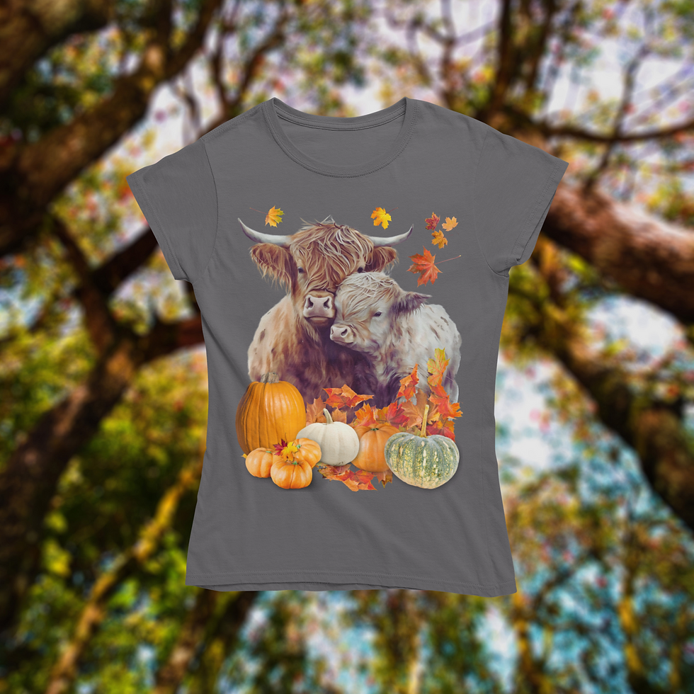 Thumbnail: Highland Cows, Pumpkins and Autumn Leaves T-Shirt