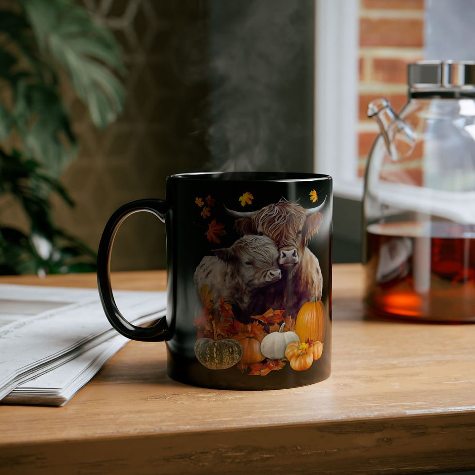 Thumbnail: Mug - Fall Vibes Highland Cows and Pumpkins Black Mug