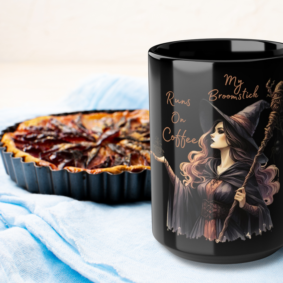 Thumbnail: My Broomstick Runs on Coffee Mug next to a Pecan Pie in the kitchen.