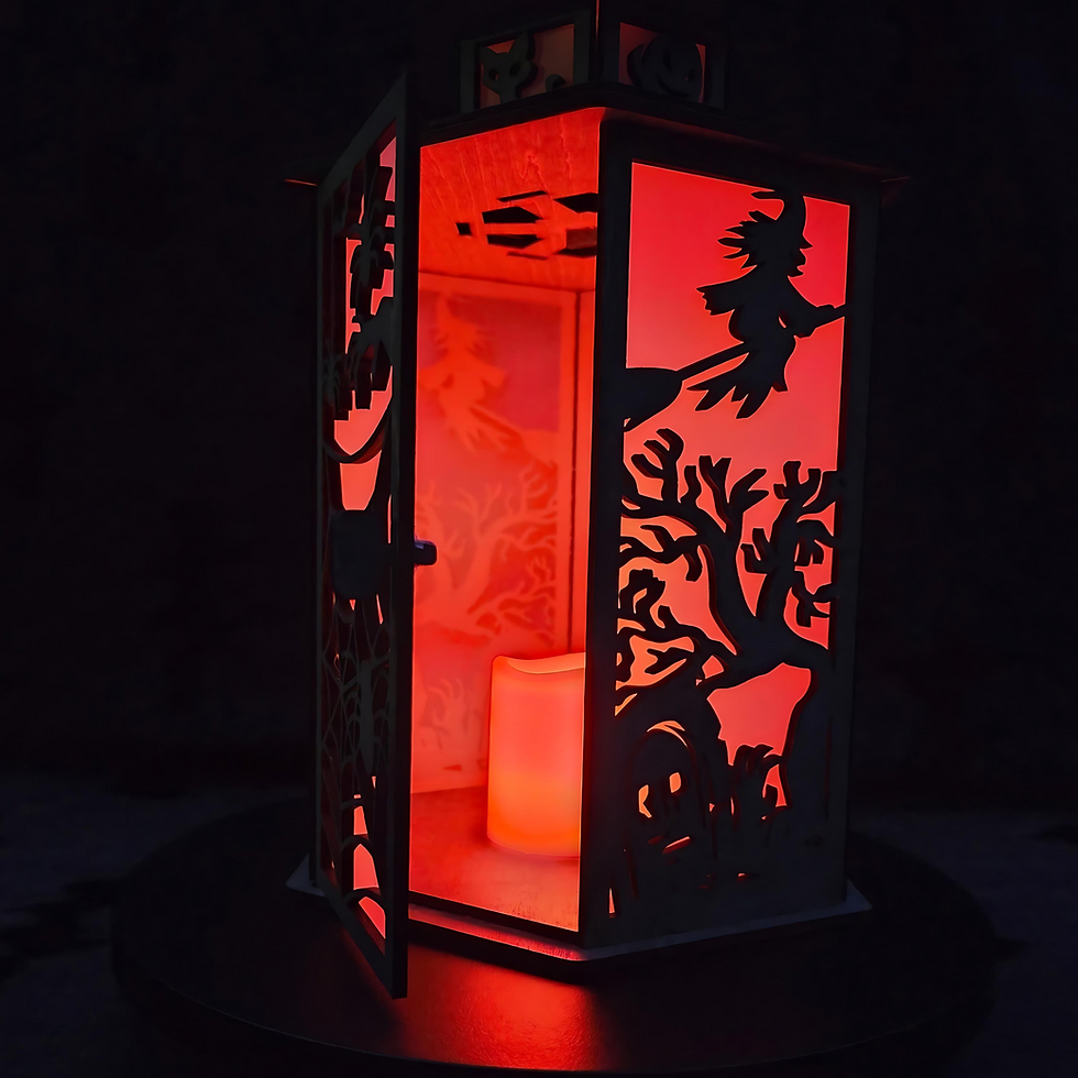Thumbnail: Halloween Tealight Holder, Macabre Mayhem show with a red glow and the door open showing the vellum lined inside.