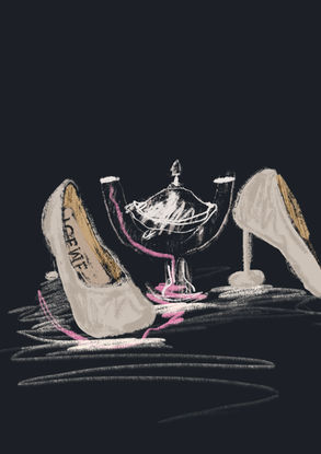 Digital fashion illustration of a Loewe shoe by Elyse Blackshaw, with hand-drawn qualities, a charcoal grey background, and a pink note accent.