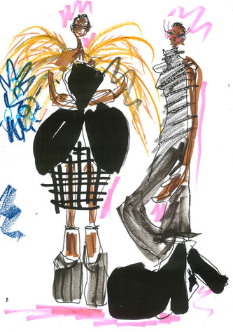Hand-drawn pink and black fashion illustration of two figures wearing oversized shoes, representing designer Harris Reed at Fashion Week 2025 by London illustrator Elyse Blackshaw.