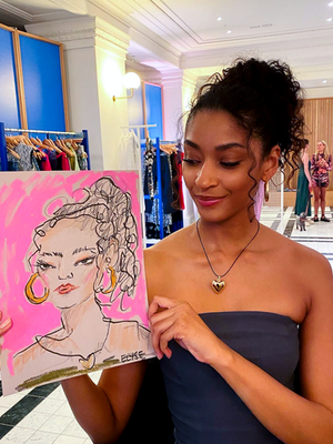 Personalised illustration created live by Elyse Blackshaw for VIP clients at Selfridges, showcasing custom event illustration and design expertise.