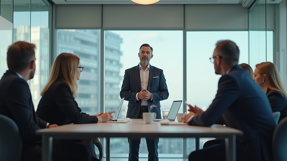 Eye-level view of a CEO leading a team meeting in a modern office