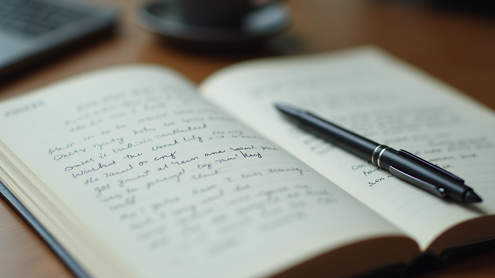 Close-up view of a journal with handwritten notes and a pen