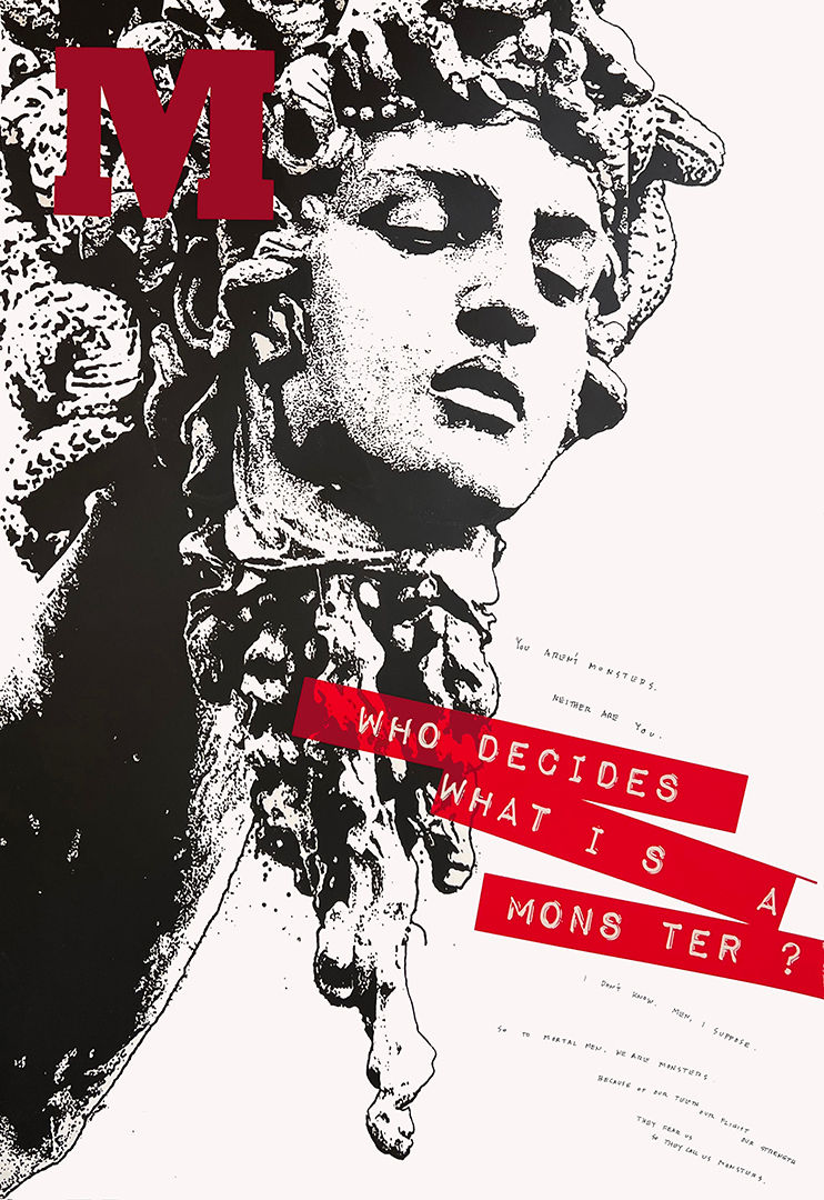 'M is for Medusa', screenprint with flocked vinyl, 44 x 30 inches.