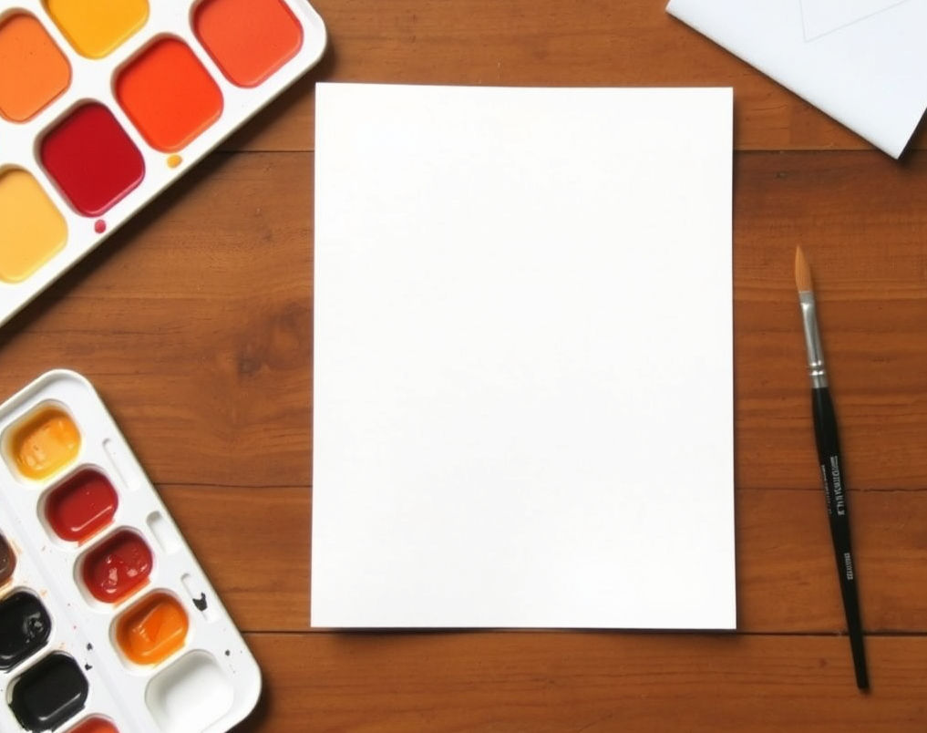 a blank white piece of paper oriented portrait in the center on a wooden table. a watercol