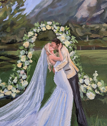 Close up painting of a couple kissing at their wedding
