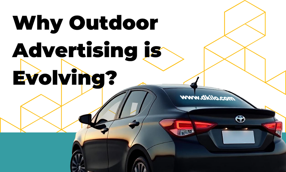 Black car with "www.dkilo.com" on rear window. Bold text reads "Why Outdoor Advertising is Evolving?" against a geometric background.