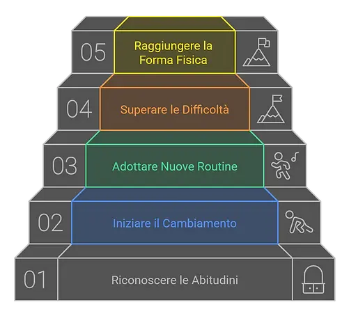 Grafico a 5 gradini che illustra le fasi progressive della dieta personalizzata NutriFit di Desirée Motta: dal cambiamento delle abitudini al risultato finale.