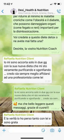 Testimonianza diretta di una cliente NutriFit: conversazione che evidenzia gratitudine e risultati o