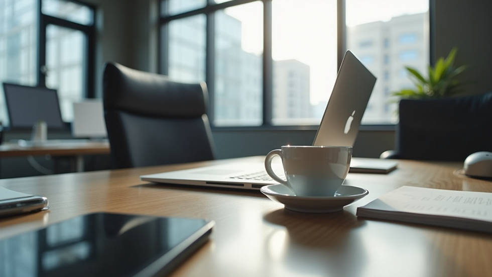 Eye-level view of a sleek modern office workspace with a laptop and coffee cup