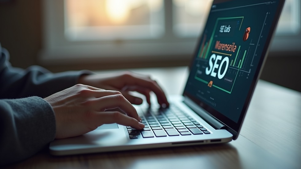 Close-up view of a person typing on a laptop keyboard with SEO tools on screen