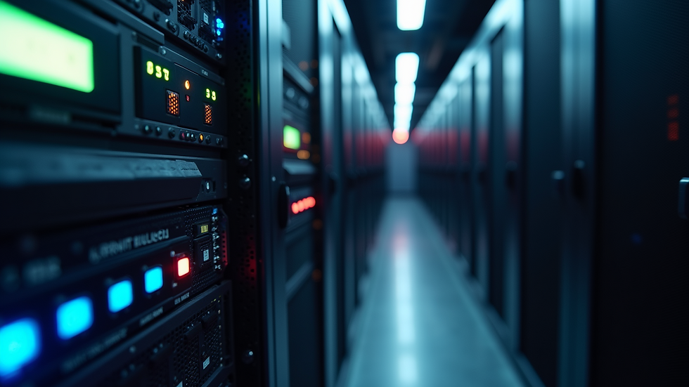 Close-up view of a server rack with blinking lights in a data center