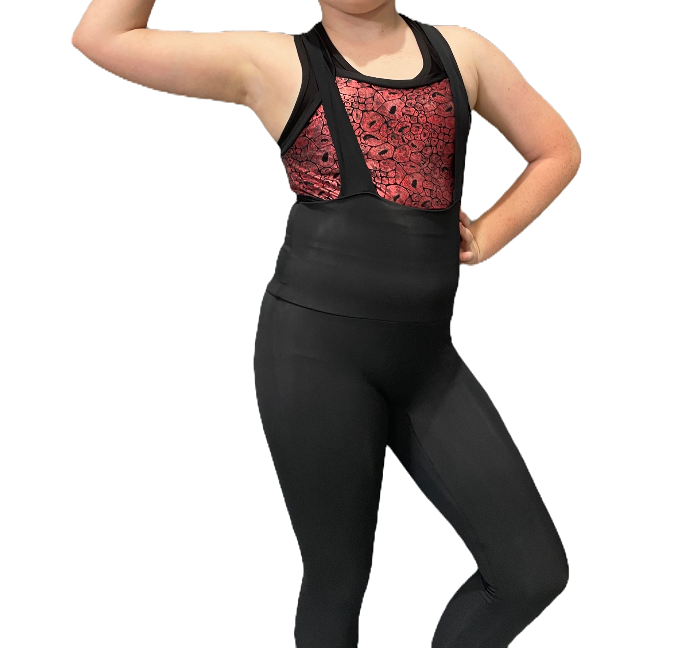 B14 HIGH WAISTED BLACK LEGGINGS & RED TOPS