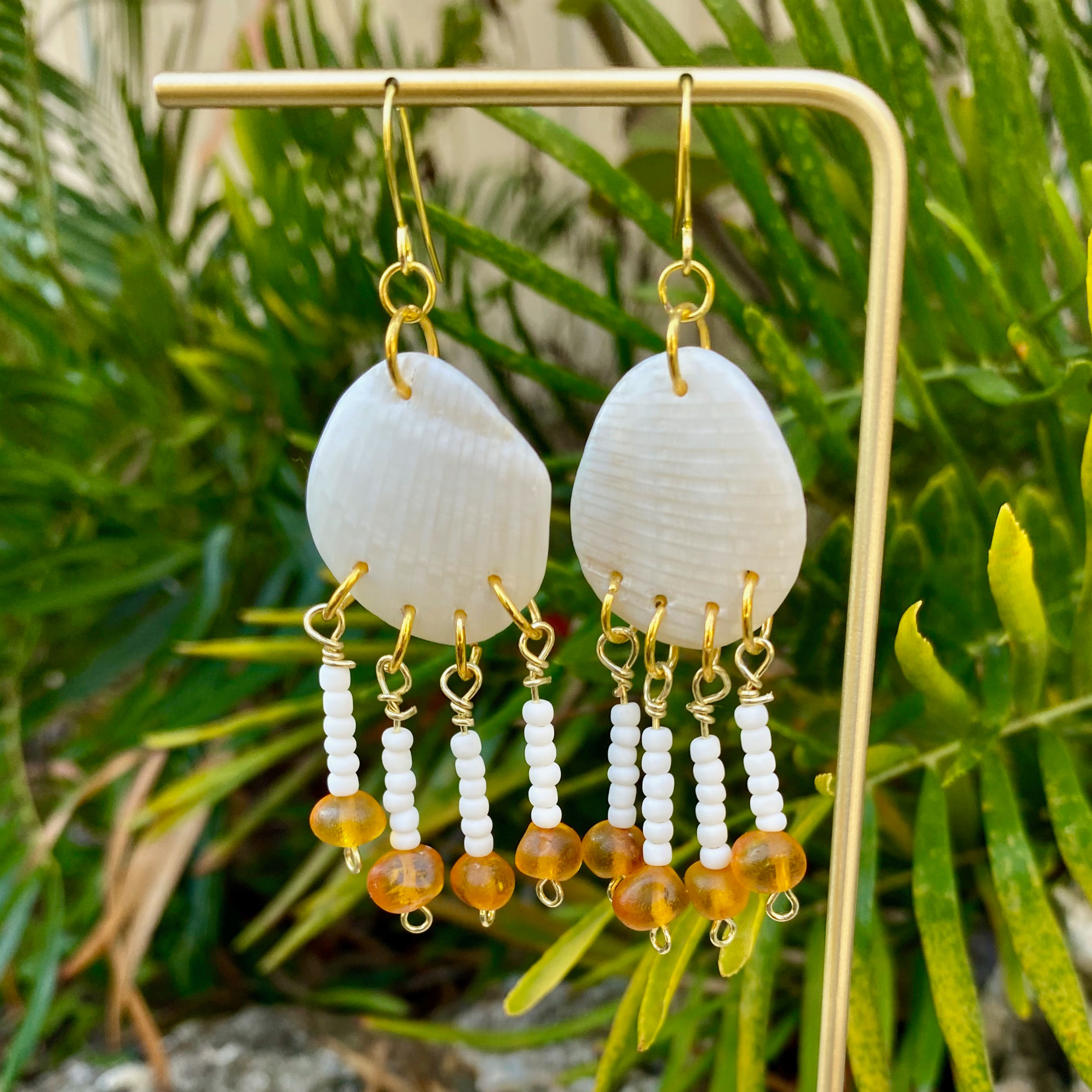 White Shell with White Bead and Amber Dangles