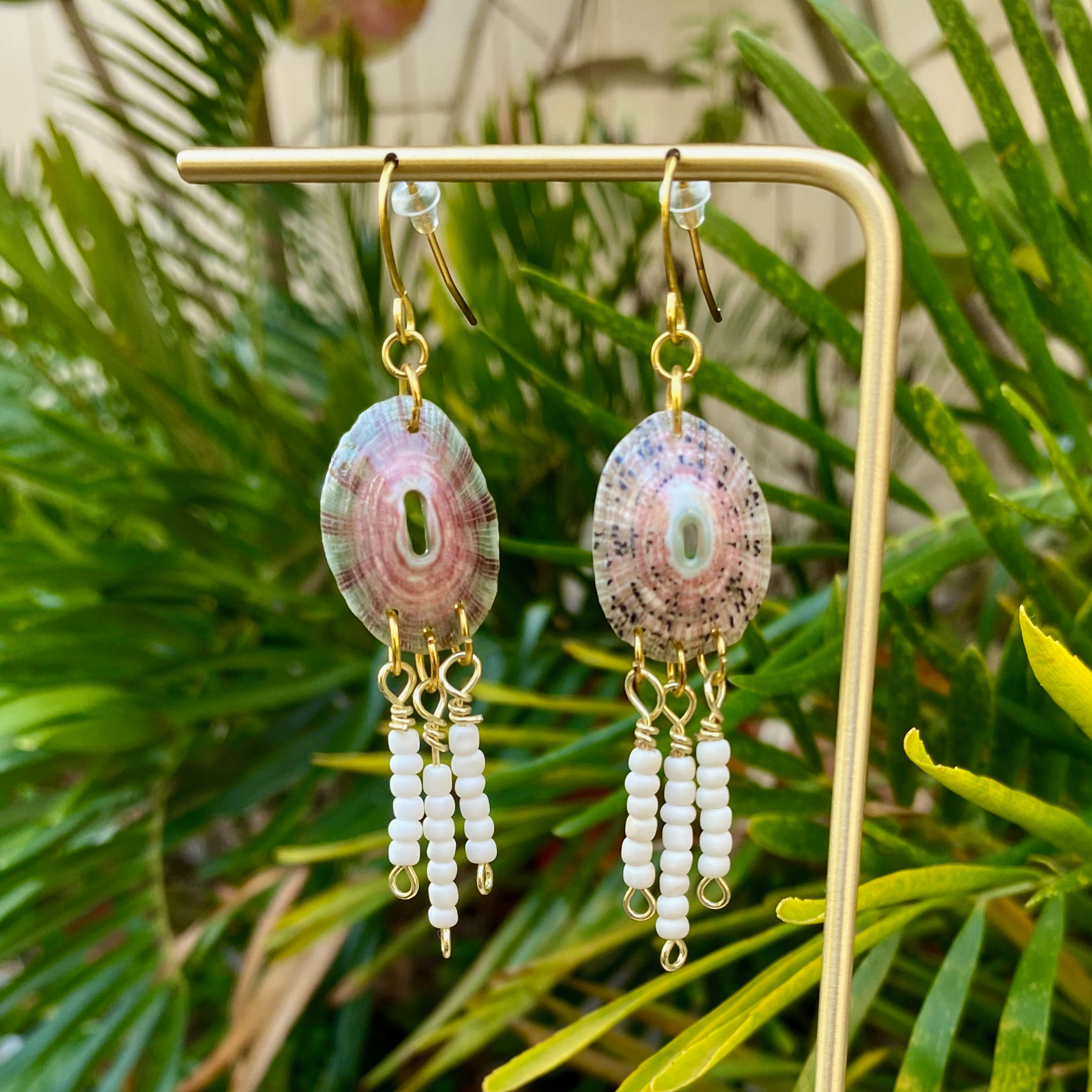 Pink & Green Shells with White Bead Dangles