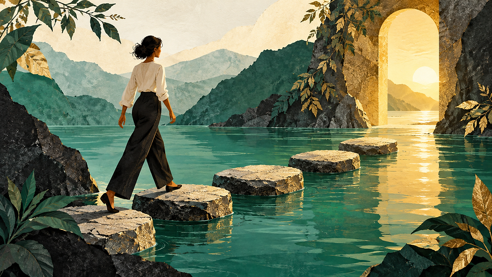 Illustration of stepping stones leading across jade water toward a sunlit doorway.