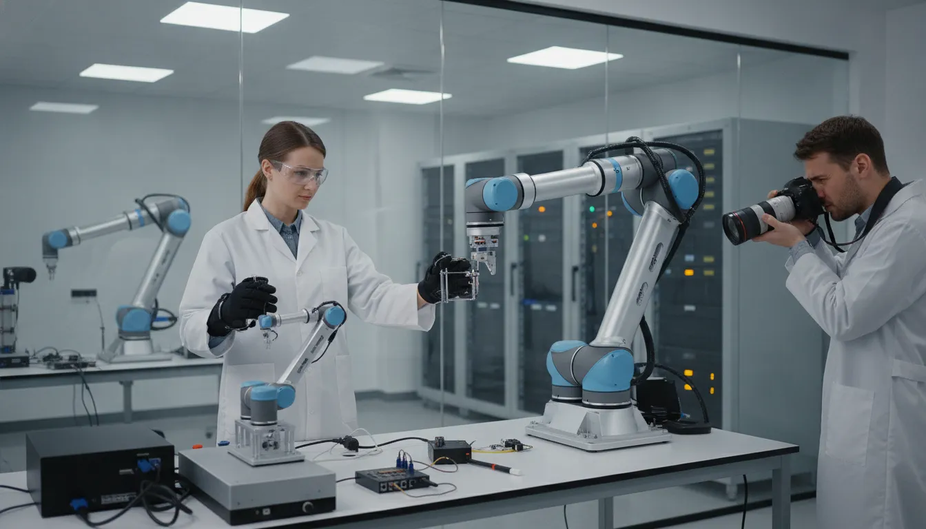 Engineers teleoperating a research robot arm for embodied AI data collection