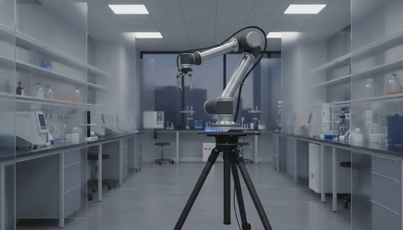 Single-arm Solo AI robot platform on tripod in a laboratory setting