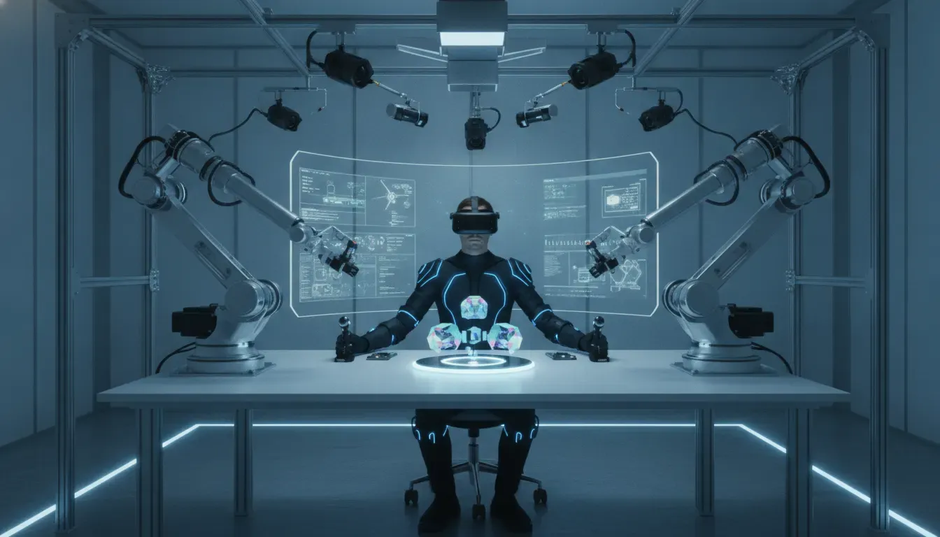A high-tech research lab workspace with an operator teleoperating a pair of robotic arms