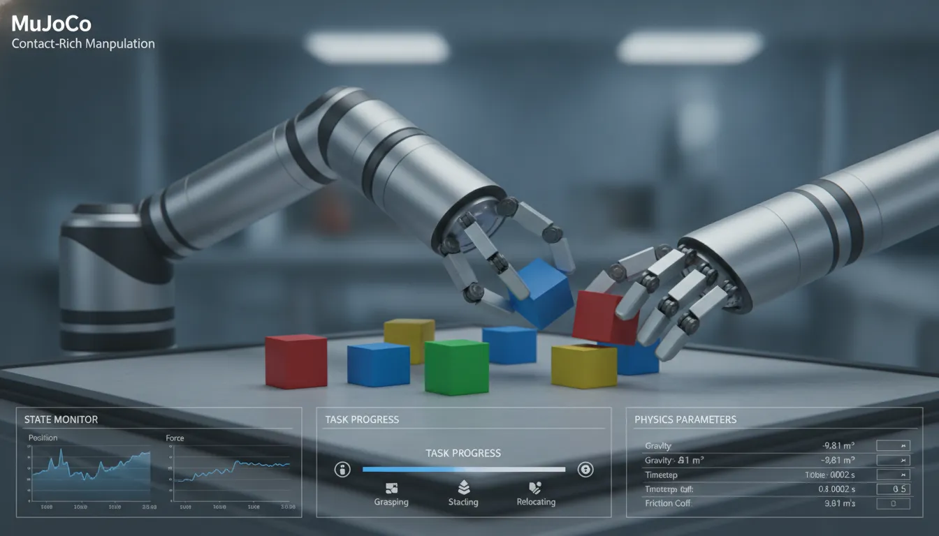 A research-grade MuJoCo robotic arm simulation performing contact-rich grasping and manipulation tasks