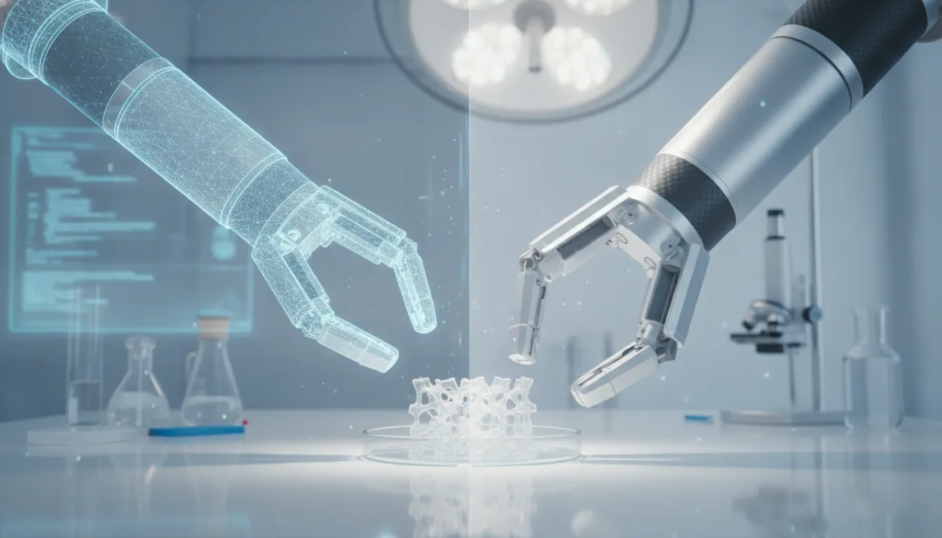 Robotic arm gripper reaching for an object in a research lab setting for sim-to-real data collection